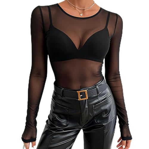 Hauts Transparents Femmes T-Shirt, Haut en Voile Transparente, Elastique Chemise Noir Manches Longues Top en Maille Sexy (FR/ES, Alpha/Lettres, M, Taille...