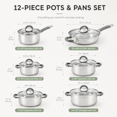 Image of Cook N Home Basics Stainless Steel Cookware Sets, 12-Piece Pots and Pans | Stay-Cool Handle, Induction Compatible, Dishwasher and Oven Safe