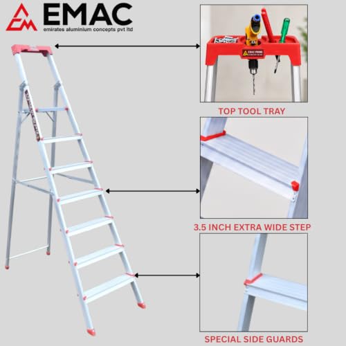 Image of EMAC Prime Aluminium 7 Step Ladder | 240 Kg Heavy-Duty Load Capacity | Extra-Wide 3.2 Inch Anti-Slip Steps | Foldable & Lightweight | for Home & Office Use with Platform and Tools Tray