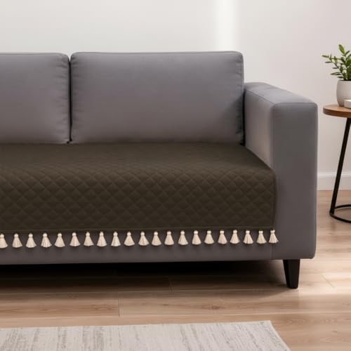 Image of HOMEMONDE 2 Seater Quilted Velvet Sofa Cover with Tassels |Soft, Durable & Premium Fabric with Tassels | Sofa Cover Mats for Living Room, Bedroom, Drawing Room & Office (76 X 122 CM, Brown)