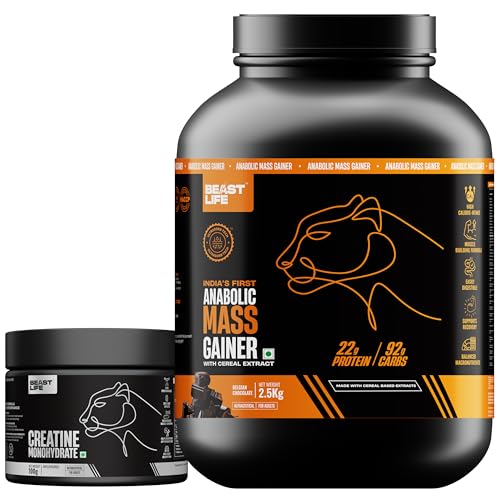 Image of BeastLife High Protein 2.5 Kg Mass /Weight Gainer With 100 Gm Creatine| Belgian Chocolate Gainer| NABL LAB Tested | For Muscle Gain & Fast Growth | Cereal-Based Formula, No Maltodextrin | India's #1 Cereal Based Bulk Gainer