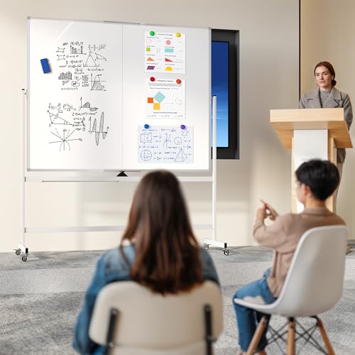 Image of Large Rolling Whiteboard on Wheels, 60 inch x 48 inch Double-Sided Mobile White Board with Stand, 5' x 4' Portable Standing Magnetic Dry Erase Board Easel for Home Office Classroom School, Silver