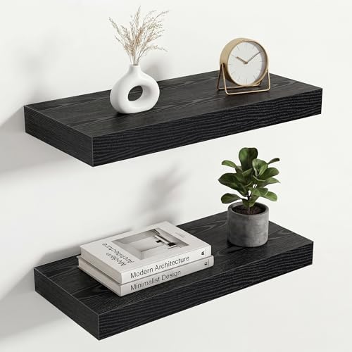 Image of Acovy 16in Long Floating Shelves for Wall Set of 2, Wood Wall Shelves for Bathroom Bedroom Kitchen Living Room Laundry Room, Modern Floating Shelf for Home Decor