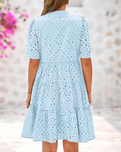 Image of BTFBM Womens Boho Summer Dresses 2026 Spring V Neck Short Sleeve Hollow Out Lace Ruffle Casual Beach Mini Vacation Dress