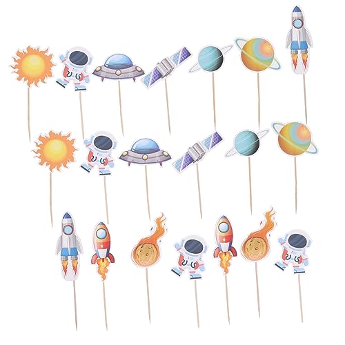 SUPVOX 20 Piezas Inserto de pastel de astronauta Feliz cumpleaños toppers chico decoración fiesta decoraciones laterales de pastel de cumpleaños Decoraciones de cumpleaños Madera