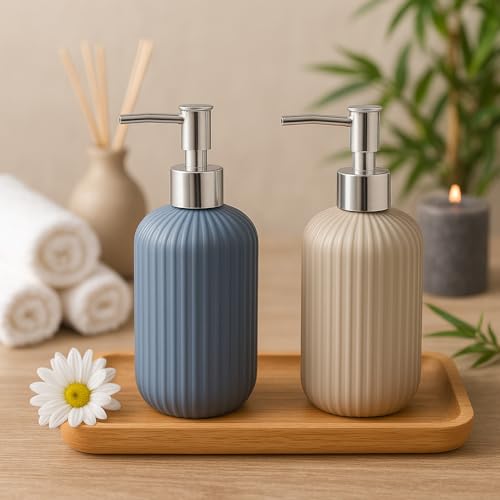 Image of LAGET 300ml Soap Dispenser for Wash Basin -Ribbed Design | Kitchen and Bathroom Accessories Items | Liquid Handwash Dispenser Bottle Chrome Finsih Top- Set of 2 (Metallic Blue and Grey)