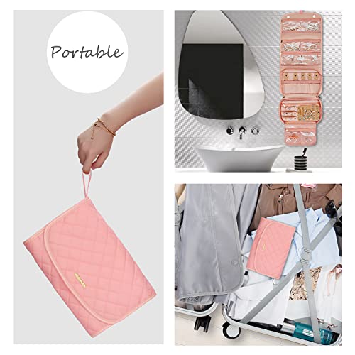 Travel Jewelry Organizer Roll With Zipper Pockets Large Hanging Jewelry Roll Bag Case For Rings, Earrings, Necklaces, Bracelets, Brooches, Waterpoof Bag With Separate Compartments (Large, Pink) #TOP6