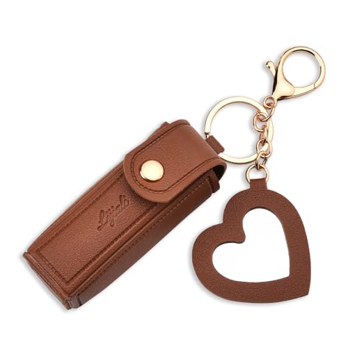 YangQian Portable Chapstick Holder Key Chain Leather Lip Balm Keychain Holder Brown Lipstick Holder Keychain with Mirror Charm for Bag Purse Handbags