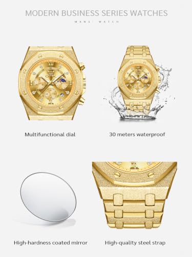 Image of OPK Men Analog Automatic Watches Waterproof Multifunction Chronograph Diamond Moon Phase Luminous Stainless Steel Band Wrist Watches