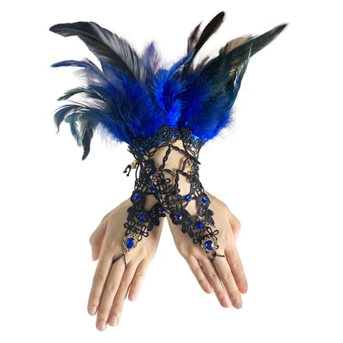 Black Lace Gloves for Women Cubic Zirconia Feather Swan Wings Wrist Bands Witch Angel Costume Accessories