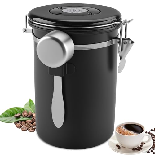 Vexillic Kaffeedose Luftdicht Edelstahl 304, 1,8 L Kaffeebohnen Behälter Mit EdelstahllöFfel Und Zeiterfassungsaufbewahrung Vakuum Kaffeedose für Tee NüSse Kakao LäNger Und Frisch Bleiben (schwarz)