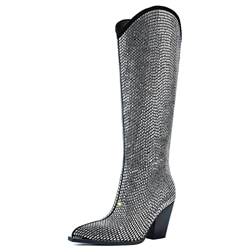 Gradinery Mirrored Rhinestone Cowboy Boots With Chunky Silver Heels Knee High Boots That Sparkle And Shine Womens Western Dance Parties And The Party