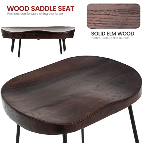 Brage Living Solid Wood Bar Stools 27 Inch Set Of 2, Rustic Wooden Saddle Seat Counter Height Barstools With Black Metal Base, Backless Retro Country Style Bar Chairs For Kitchen Dining (Walnut) #TOP3
