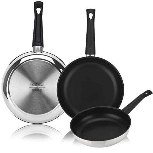 Magefesa Deep Gala - Set de Sartenes 20+24+28cm, Acero Inoxidable, Antiadherente Bicapa, Fondo Termodifusor, Libre de PFOA, Inducción, Fácil Uso