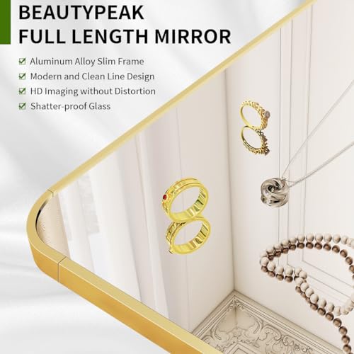 Image of BEAUTYPEAK 59 inchx16 inch Mirror Full Length, Standing or Leaning Rounded Corner Full Body Floor Mirror with Metal Framed,Suitable for Living Room or Bathroom,Gold