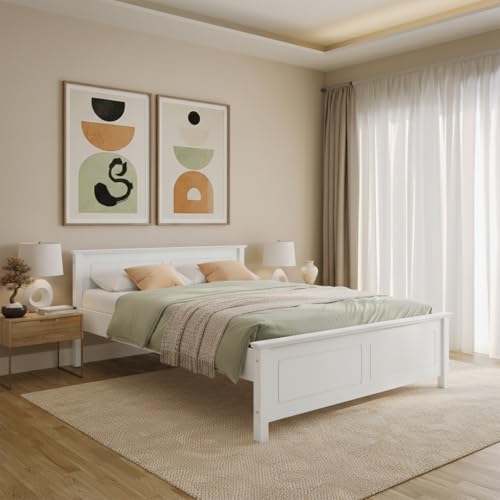 Bellamio Medje Holzbett 160x200 cm – Bett Weiß mit Lattenrost – Bettrahmen aus Kiefer Massivholz – Bettgestell mit Kopfteil – Massivholzbett im Landhausstil mit Kassettenoptik – Doppelbett bis 180 kg
