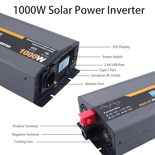 SZSSTH 1000 W (2000 Watt Spitzenleistung) Reine Sinus-Wechselrichter 12 V bis 230 V Solarstromwandler Netzunabhängiger Solarwechselrichter mit LCD-Display, 1 Typ C, 1 USB-Anschluss, Fernbedienung