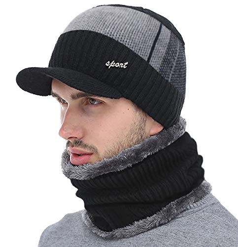 alexvyan 1 Set Hat Style Soft Casual Style Cap and Scarf Imported Warm Snow and Air Proof Fleece Knitted Cap (Inside Fur) Woolen Beanie Winter Cap with Scarf for Men Boy Male, Free Size, Black,Grey-picture-17