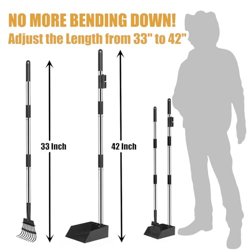 Image of Dog Poop Trash Can Outside Stainless Steel - Metal Pooper Scooper Set - 12L Dog Waste Trash Can Outdoor with Pedal - Backyard, Yard - Removable Inner Bin, Long Handle Tray and Rake - Black and Gold