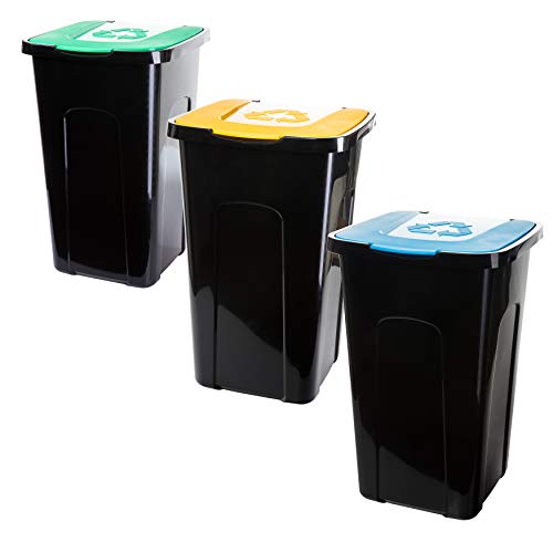 Mülltonne mit Deckel 3er Set 50 Liter Abfalleimer Abfalltonnne Mülleimer mit Farbkodierten Deckeln für Effiziente Drinnen & Draußen Mülltrennung, Langlebig & Wetterfest, 56x36x36cm, Made in EU