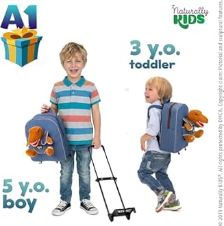 Naturally KIDS Dinosaur Backpack with Wheels - Kids Suitcase on Wheels for Boys Girls w Stuffed Animal - Children's Luggage