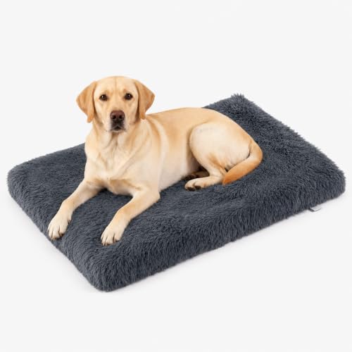 Image of Orthopedic Memory Foam Dog Bed Large Size Crate Pad 41 x 27 Inch Dark Gray | Dual-layer support with removable washable plush cover waterproof liner nonslip base for kennel car and home use up to 85 lb