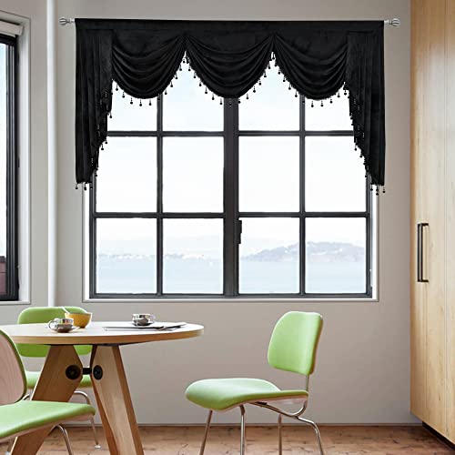 Oyring Black Velvet Window Curtains Valance For Living Room Beads Waterfall Valance For Bedroom-Rod Pocket Valance Curtains (1 Panel, W89 Inches, Black) #TOP1