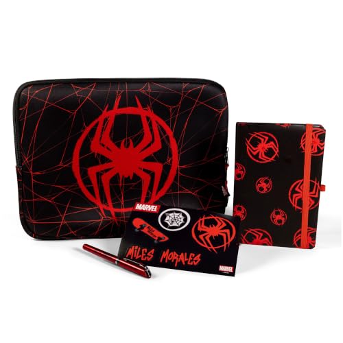Set Cadeau Housse Portable Spider-Man Marvel Unisexe - Housse pour Ordinateur Portable avec Fermeture éclair et Motif Toile d'araignée, carnet avec Gomme et Stylo Assorti, Licence Officielle, Taille