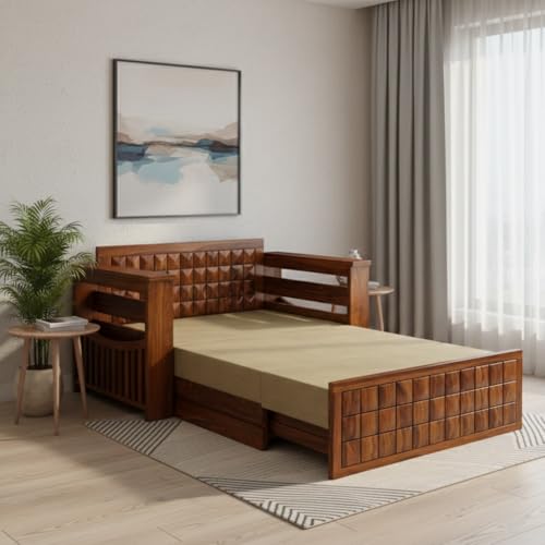 Image of Solid Sheesham Wood Sofa Cum Bed 2 Seater | Wooden Foldable Double Bed for Living Room with Storage | Bed Cum Sofa with Mattress for Home | Full Diamond Design (Honey Finish)