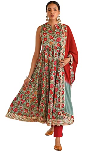 Janasya Indian Women's Cotton Sea green Floral Print Festive Wear Kurta Set for Women