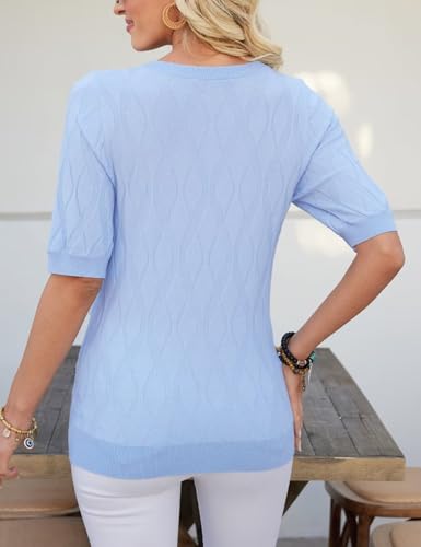 CiCiBird Women Summer Short Puff Sleeve Sweater V Neck Knit Pullover Tops Casual Trendy Ribbed Shirt2