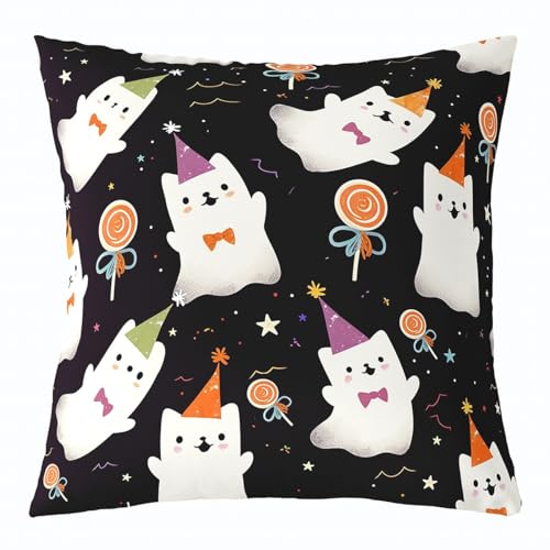 Kawaii Ghost Pillow Cover 22x22 Inch Happy Halloween Theme Hippie Cushion Case for Kids Boys Girls Teens Cartoon Candy Colorful Stars Graffiti Cushion Cover for Party Bedroom