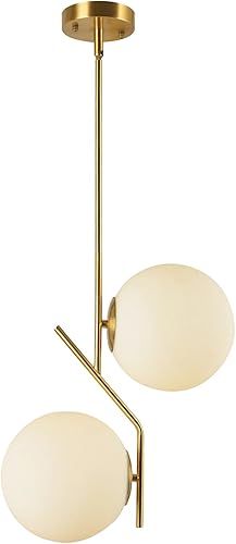 Miniatura 10 de BOKT Lámpara colgante moderna con forma de globo de mediados de siglo, latón cepillado, luz colgante ajustable con vidrio blanco esmerilado para