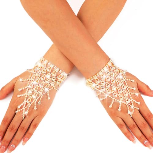 GORTIN Rhinestones Gloves Gold Sparkle Wedding Fingerless Gloves for Bride Women (A-Gold Free size)