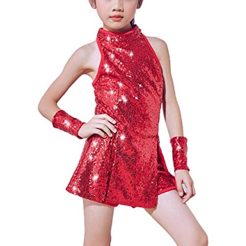 LOLANTA Girls 4PCS Sequin Dance Costume Sparkle Dress & Shorts Hip Hop Jazz | 4PCS Dance Set: Halter Neck Top, Shorts, Bracelets, Socks, Sequin Outfits for Christmas, Halloween, Hip Hop,Them