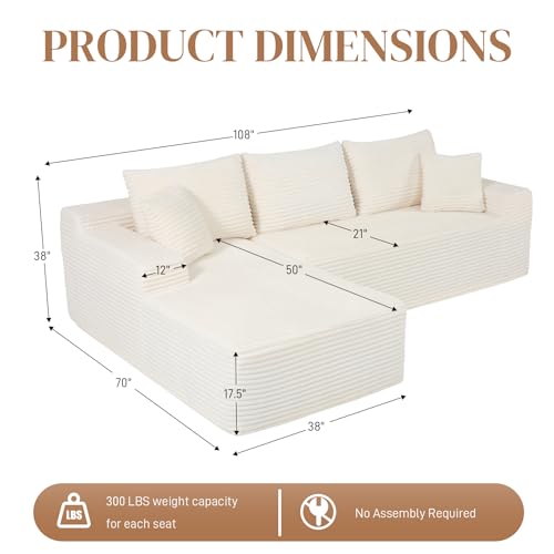 Image of 108 inch L Shaped Cloud Boneless Sectional Couches for Living Room, Modern Comfy Modular Deep Seat Memory Foam Compressed Corduroy Sofa Oversized Left Facing Chaise, No Assembly Required, White