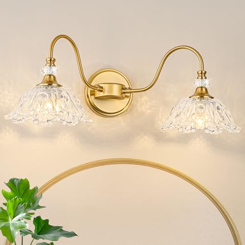 Image of Gold Bathroom Vanity Light, 2-Light Brushed Gold Finish Vanity Light with Floral Clear Glass Shades, Retro Wall Mount Lighting for Bathroom, Dressing Table