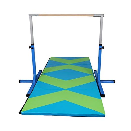 Polar Aurora Gym Gymnastics Training Bar AdjustaPIe Height Horizontal Bar Sturdy Gymnastic for Kids with 4' x 10' Gymnastic Mat Set (Blue&Green-Blue Mat)