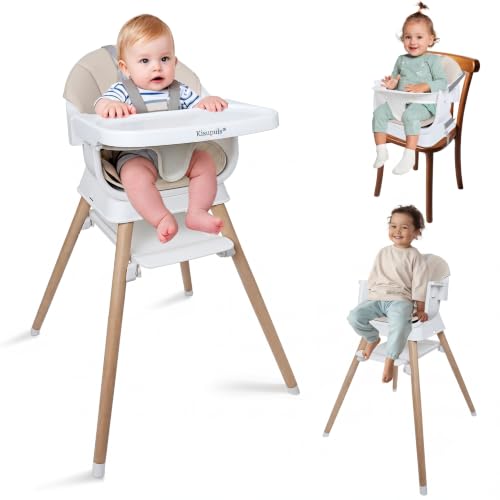 9 in 1 Convertible Baby High Chair with Booster, Wooden Highchair for Babies and Toddlers with Removable Tray &amp; 5-Point Harness, Multi-Functional Growing Seat for Feeding, Learning &amp; Play, Beige