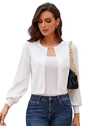 GRACE KARIN Veste Boléro Court Femme Manches Lanternes Col Rond Ouvert Devant Boléro Élégant Cardigan S Blanc CL0954S22-02