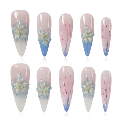 3D Floral Press On Nails Long Stiletto Fake Nails – Elegant Handm...