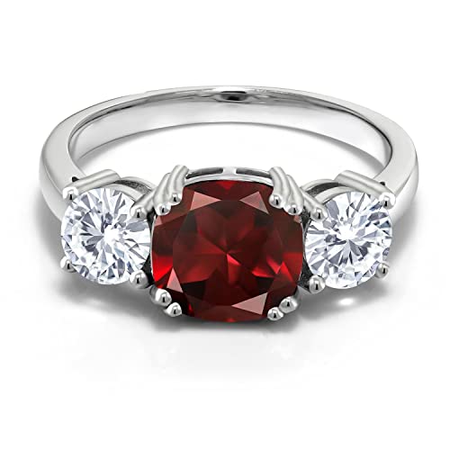 Gem Stone King 3.60 Cttw Red Garnet and White Moissanite 3-Stone Engagement Ring For Women | 925 Sterling Silver | January Birthstone | Cushion 8MM and Round 5MM | Available in Size 5,6,7,8,92