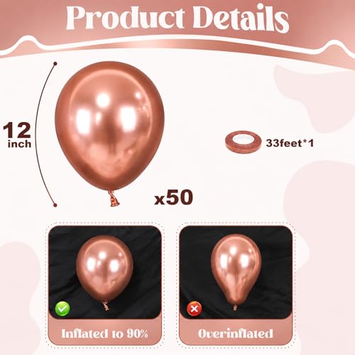Image of Togvu Rose Gold Balloons, 50Pack 12 Inch Chrome Rose Gold Latex Party Balloons for Birthday Bridal Baby Shower Wedding Graduation Party Decorations Supplies