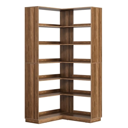 Perledesign Corner Book Shelf, 6 Tier 73 Inch Tall Corner Bookshelf with Open Storage, Wood L Shaped Bookcase Storage Display Rack for Home Office, Black Walnut