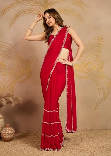 Image of TRENDMALLS Women's Satin Siroski With Zarkan Work Saree with Unstitched Blouse Piece