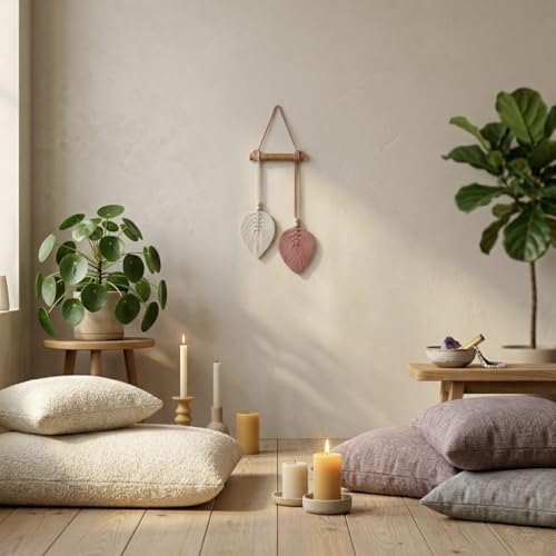 Image of AdFashionble Boho Macrame Wall Hanging Leaf Decor for Home, Living Room & Bedroom | Cotton Thread Art with Wooden Rod | Minimalist Handmade Wall Decoration | Aesthetic Nordic Wall Art for Home, Office & Gift Purpose Lenght- 58 cm Width- 15 cm (DUSTYPINK & OFFWHITE)