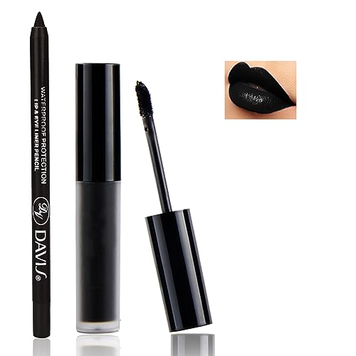 QIUFSSE 3 in 1 Black Lip Liner Pencil and Lipstick lipgloss Set Matte Black Lipstick Lip Gloss Kit Long-lasting Nonstick Cup Smudge Proof Lip Kits with Lip Liner,Velvet Goth Makeup (12#Black Magic)