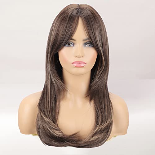 Brown Wig with Bangs Highlights Wigs for Women Synthetic Layered Ombre Wig