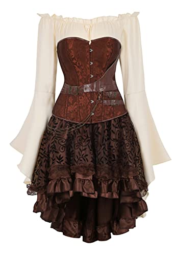 Grebrafan Gothic Damen Corsage mit Tüll Rock und Piraten Bluse Kunstleder Korsett Kostüm (EUR(36-38) L, Braun)