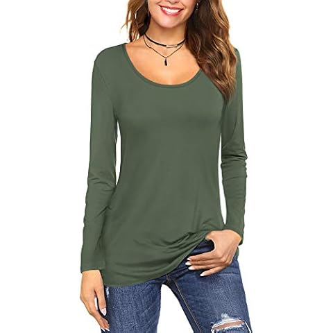 Florboom Ladies Long Sleeve Tshirts Basic Scoop Neck Plain Tee Top Army Green 16 18 Cover
